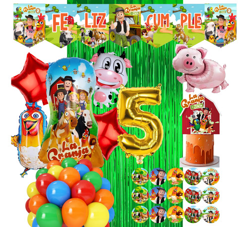 Pack Globos Granja De Zenón Banderín Stickers Toppers Número Dorado Número 5
