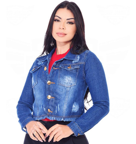 Jaqueta Jeans Feminina Cropped Barra Desfiada Blusa Casaco