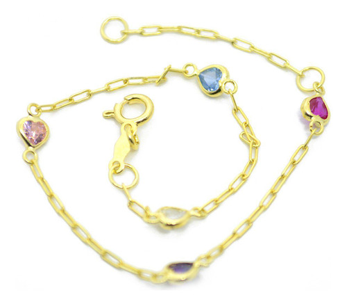 Pulseira Ouro 18k Infantil 15cm Coração Colorido 3,5mm Pl011