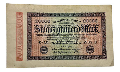 Billete Antiguo Alemán De 20,000 Marcos Año 1923 Hiperinflac