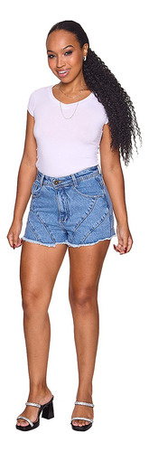 Shorts Jeans Feminino Curto Detalhes Recortes Marmorizados