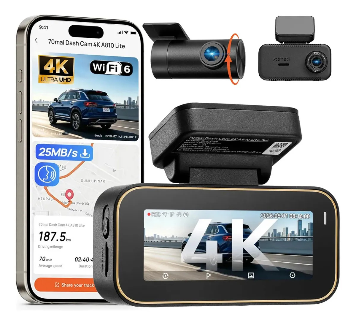 Cámara para Auto 70mai A810 Lite 4K Frontal y Trasera con Wi-Fi, GPS y Visión Nocturna HDR