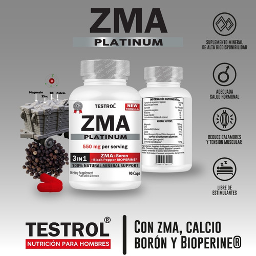 Imagen 3 de 10 de Zma Platinum Testrol Zma+boron+bioperine 90 Capsulas