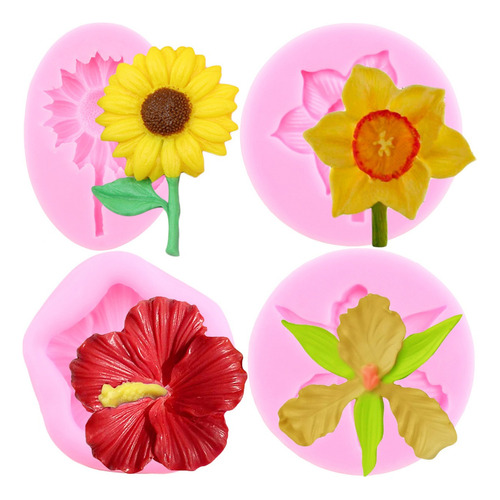 4pcs Molde De Silicona Girasol Orquídea Hibisco Fondant