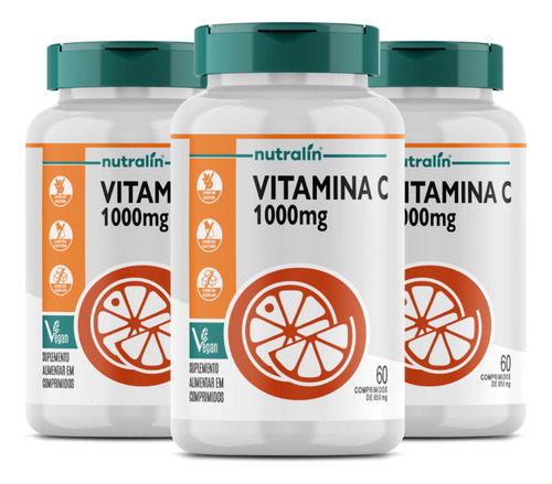Kit 3x Vitamina C 1000mg 180 Comps Vegano Nutralin