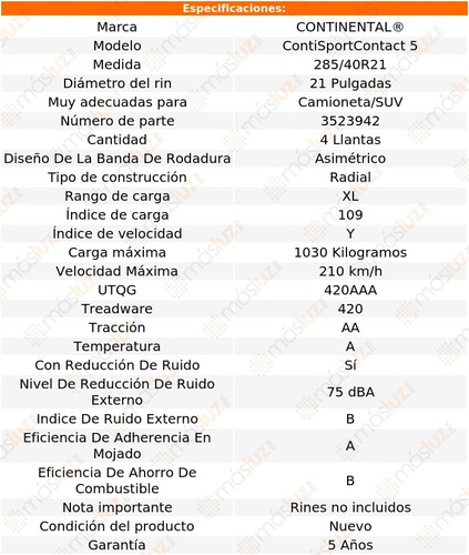4 Llantas Contisportcontact 5 Continental 285/40r21 109y Xl