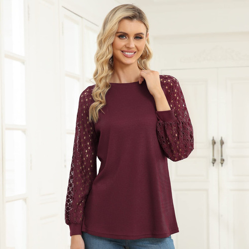 Blusa De Encaje De Manga Larga Con Cuello Redondo Para Mujer