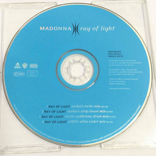 Madonna / Ray Of Light Cd Maxi Single 1998cd2 4 Tracks (Usado)