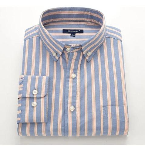 Camisa Oxford De Manga Larga A Rayas Para Hombre Con Bolsill