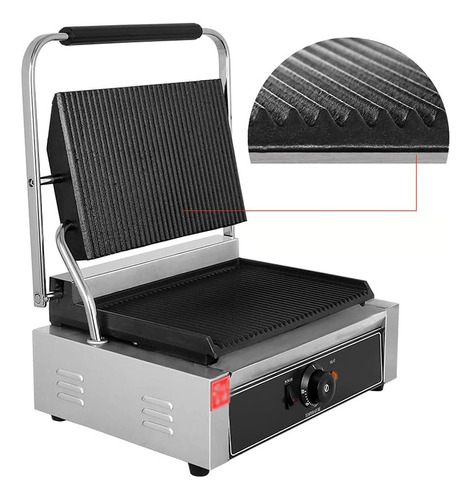 Plancha Doble Contacto Grill Panini Rayada Sikla 425x400x210 Color Plateado