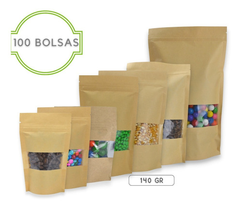 Imagen 2 de 9 de 100 Bolsa Stand Up Pouch Con Cierre Kraft Ventana De 140 Grs