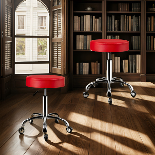 Set 2 Banco Taburete Giratorio Con Ruedas Cromado Rojo