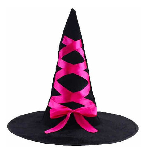 Sombrero Gorro Bruja Negro Con Lazo Fucsia Halloween