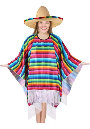 Disfraz De Poncho De Sarape Mexicano, Sombrero Mexicano Con