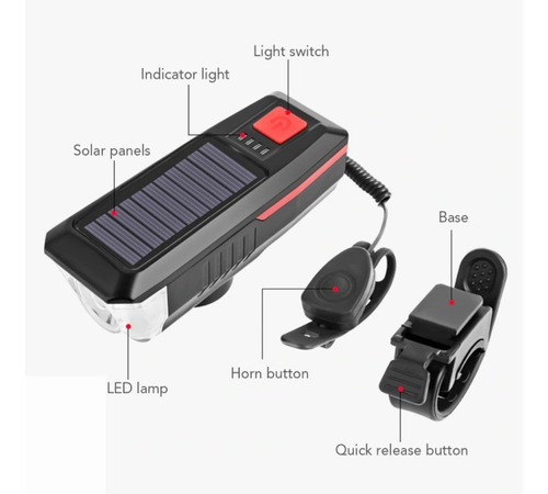 Imagen 4 de 7 de Luz Led Solar Y Recargable Con Bocina Para Bicicleta Scooter