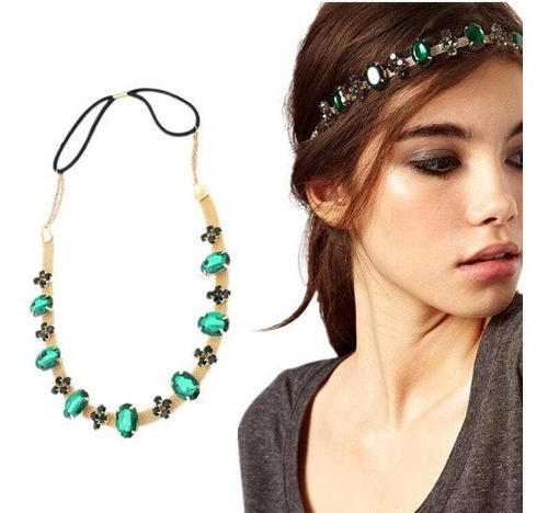 Tiara Headband Colar Dourado Cristais Strass Verde Elastico