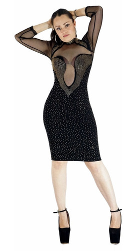 Vestido Corto Negro Con Transparencias Pedreria Antro Vc116