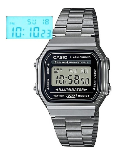 Reloj pulsera digital Casio A-168 con correa de acero inoxidable color plateado - fondo gris/negro