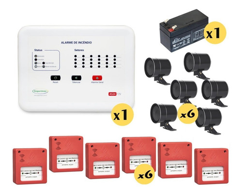  Kit Central Alarme Incêndio 12 Setor +6 Acionador +6 Sirene