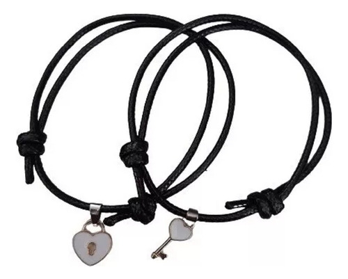 Pulsera Amistad Pareja Cuero Candado Llave Blanco