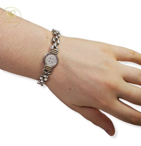 Imagen 4 de 9 de Pulsera Plata Y Oro San Benito X 18,5cm