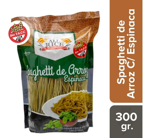 Fideos All Rice Spaghetti De Arroz Con Espinaca 300 Gr.