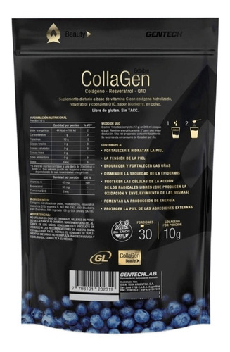 Imagen 2 de 2 de Suplemento en polvo Gentech Beauty Collagen colágeno sabor blueberry en sachet de 360g