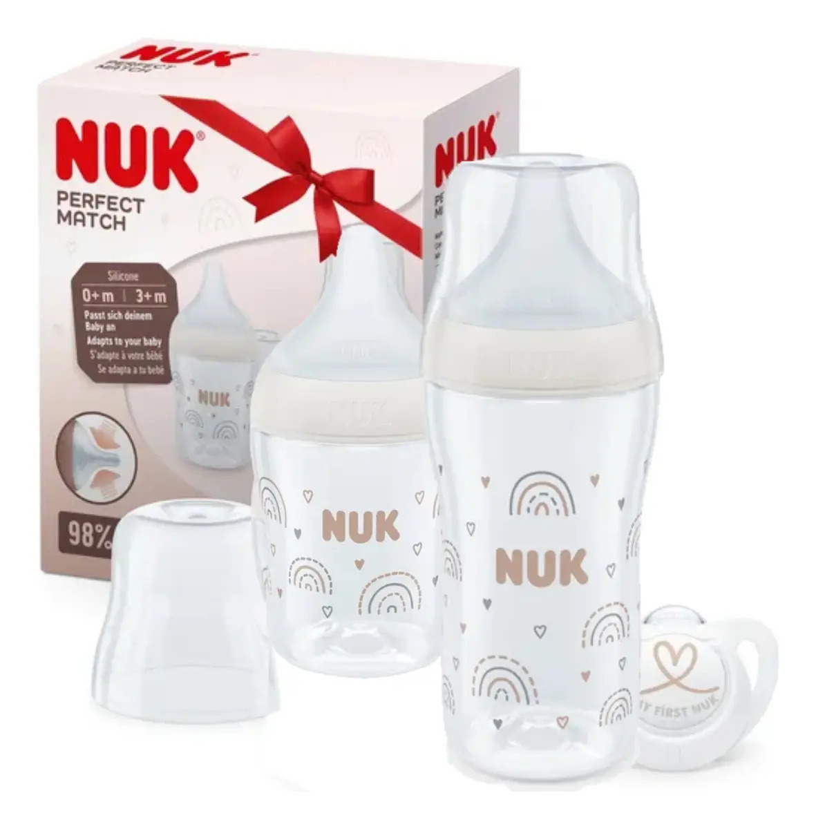 2 Mamadera Nuk Perfect Match 150ml 260ml + Chupete De Color Blanco Arcoíris