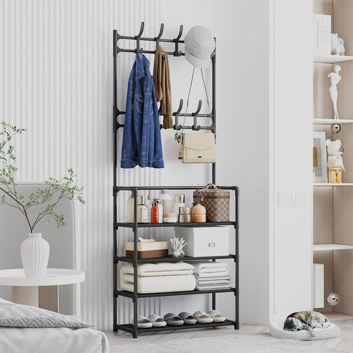 Zapateras Organizadores Con Percheros Multifuncional Rack Color Negro 4 Estantes