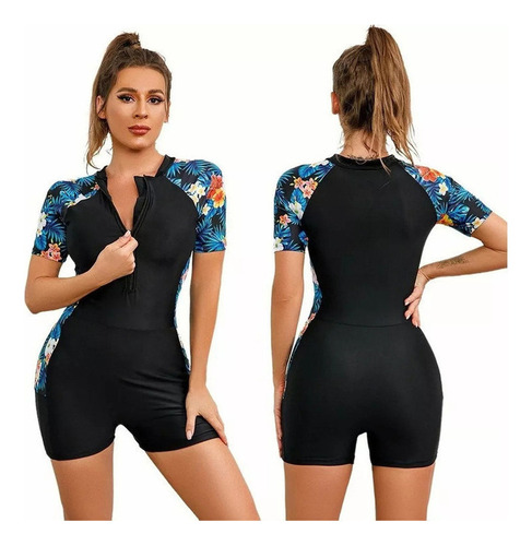 Traje De Baño Enterizo Deportivo Floral De Manga Corta 