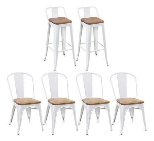 4 Cadeiras + 2 Banquetas Altas Tolix Encosto Assento Madeira Estrutura da cadeira Branco - Madeira rústica clara