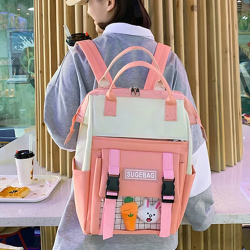 Set 5 Mochila Bolsas Escolar Estudiante Gran Capacidad Lona Rosa