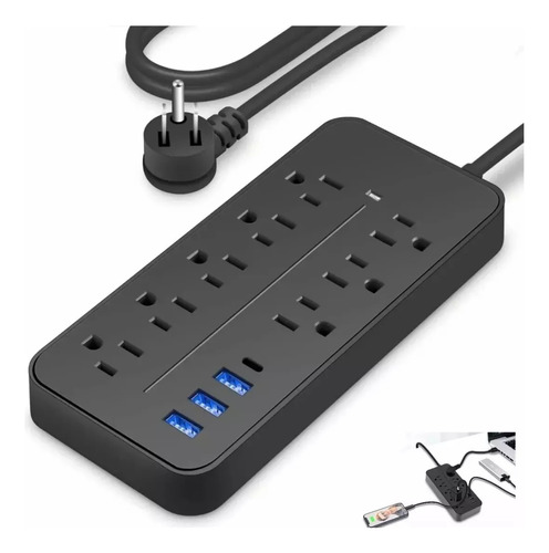 Regleta cargador multicontactos marca Boparte con 8 salidas 3 Usb 1 tipo C modelo EL08 color Negro