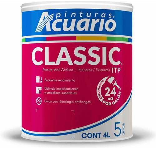 Imagen 1 de 2 de Pintura Vinílica Classic Acuario Galón 4 Litros Color Blanco