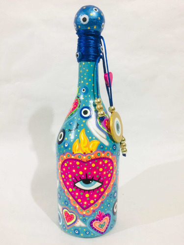 Ojos Turcos Botella Intervenida A Mano 30 Cms Pop Art