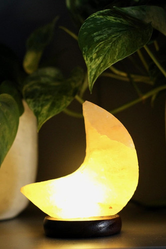Lampara De Sal Del Himalaya Forma Luna Usb Decoración Hogar