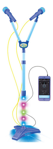 Microfone Duplo Azul Infantil Com Pedestal Luz Som Karaokê