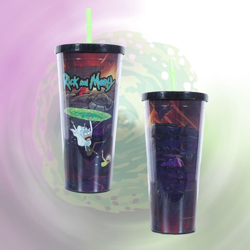 Vaso Geek Industry Vasos Rick & Morty Con Tapa Y Popote De 735ml Color Rick Y Morty Cayendo / Vaso De Plástico / Reusable 735mlpor Unidad