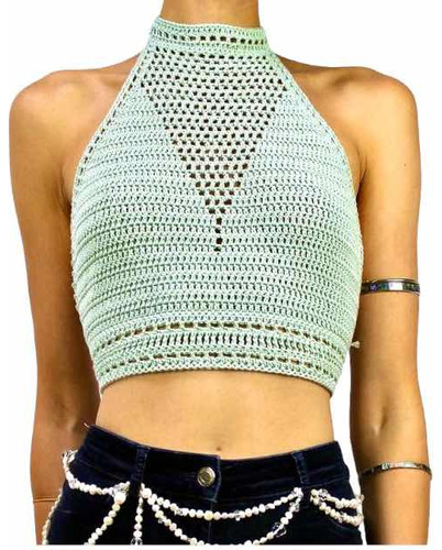 Top Crop Halter Tejido Mano Crochet Algodón Bikini Triángulo