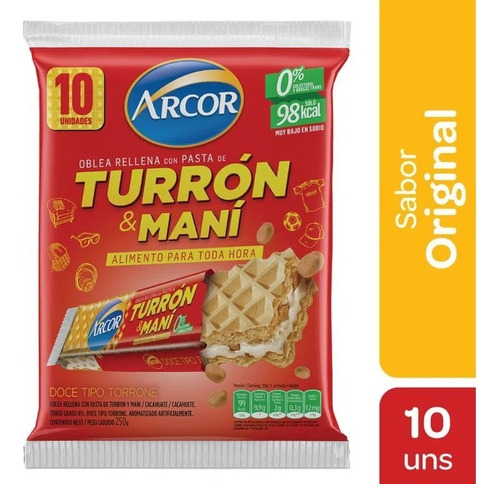 Turrón Arcor Oblea Rellena De Pasta De Mani X 10 Unidades