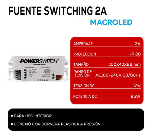 Fuente Switching 25w Macroled 12v 2a Interior P/ Tira Led