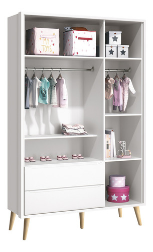 Jogo De Quarto Bebê Théo Retrô Branco Natural 3 Portas