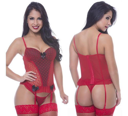 Espartilho Rendado Arrastão Fio Dental Lingerie Luxo Laços