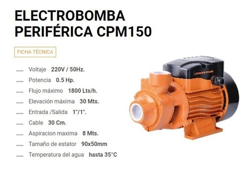 Imagen 2 de 2 de Bomba periférica periférica Lüsqtoff CPM150 0.5hp color naranja 50Hz 220V