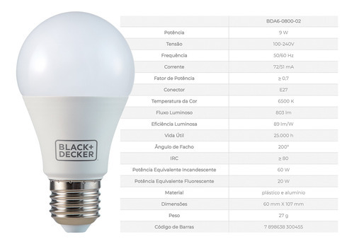 Lampadas De Led Bulbo 9w 6.500K Branca Fria Bivolt 110V/220V