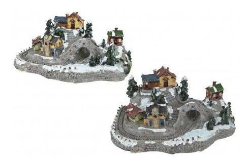 Adorno Pueblo Con Via De Tren Y Luces 34 Cm