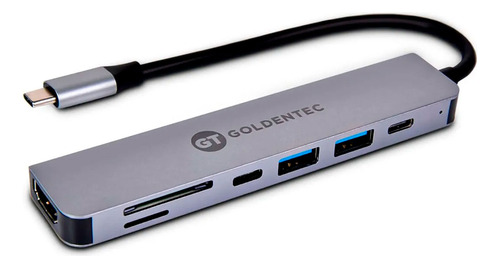 Hub Adaptador Usb Tipo C 7 Em 1 Cor Prata Goldentec com USB-C, PD, USB 3.0, USB 2.0, SD, TF, HDMI