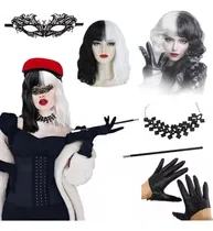 Comprar Conjunto De Disfraces De Cosplay De Cruella, Conjunto De Disfraces De Fiesta De Halloween, Peluca Rizada En Blanco Y Negro De Cruella, Guantes, Máscar