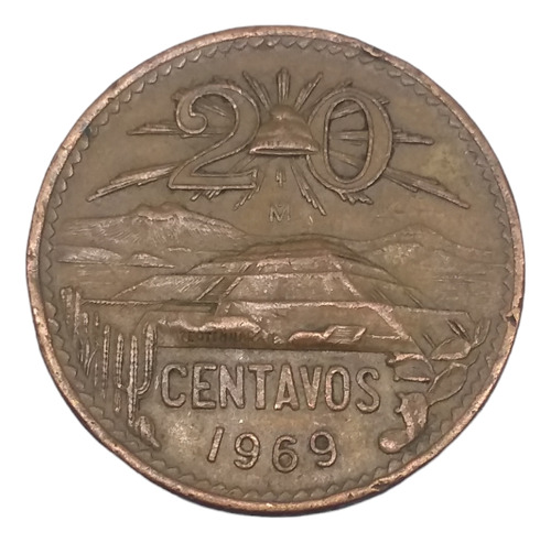 Moneda 20 Centavos Pirámide Teotihuacán Bronce Año 1969 