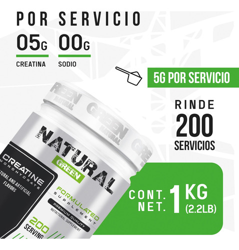 Creatina Monohidratada Green 1kg 200 Servicios Limón
